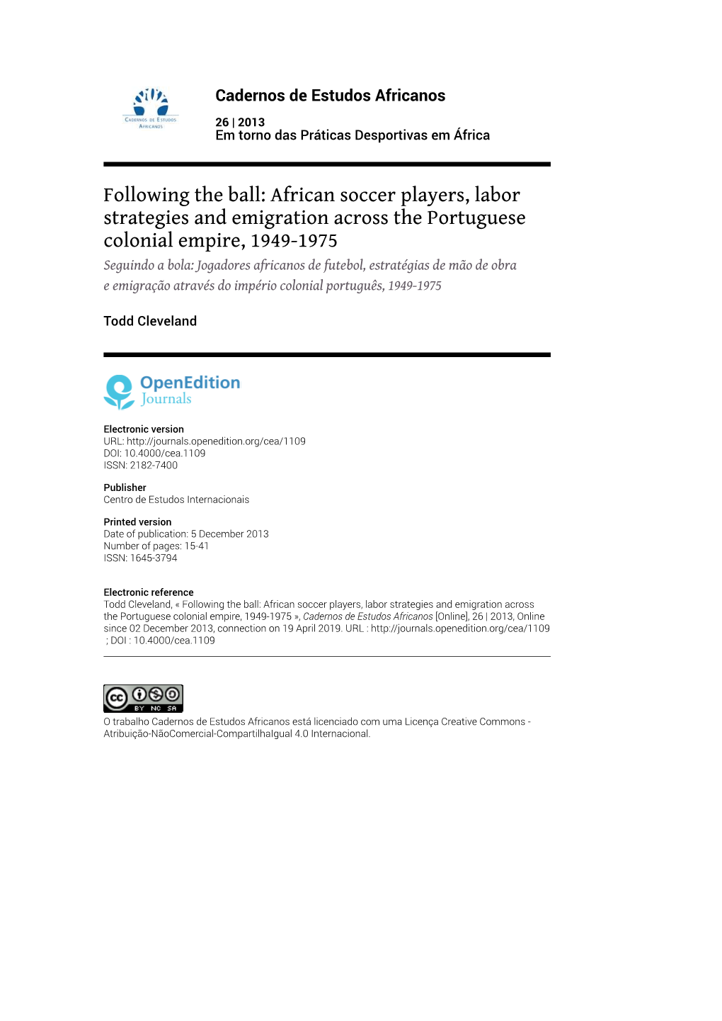 Following the Ball: African Soccer Players, Labor Strategies And