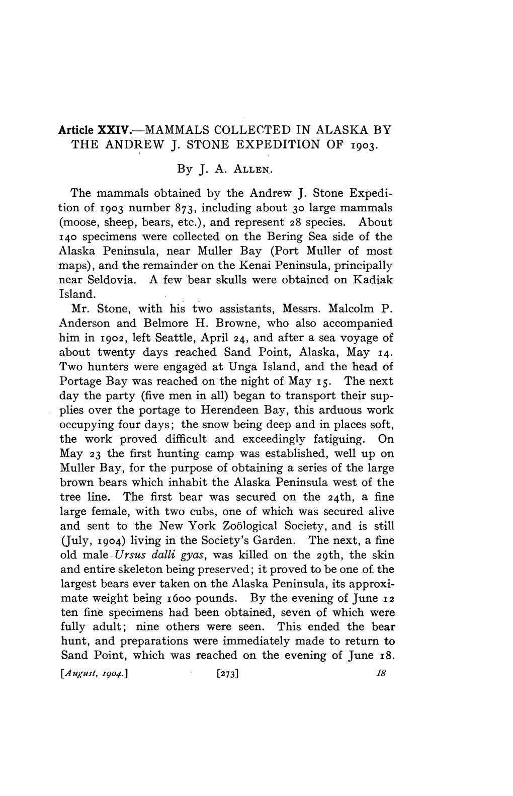 Mammals Collected in Alaska by the Andrew J. Stone Expedition of 1903