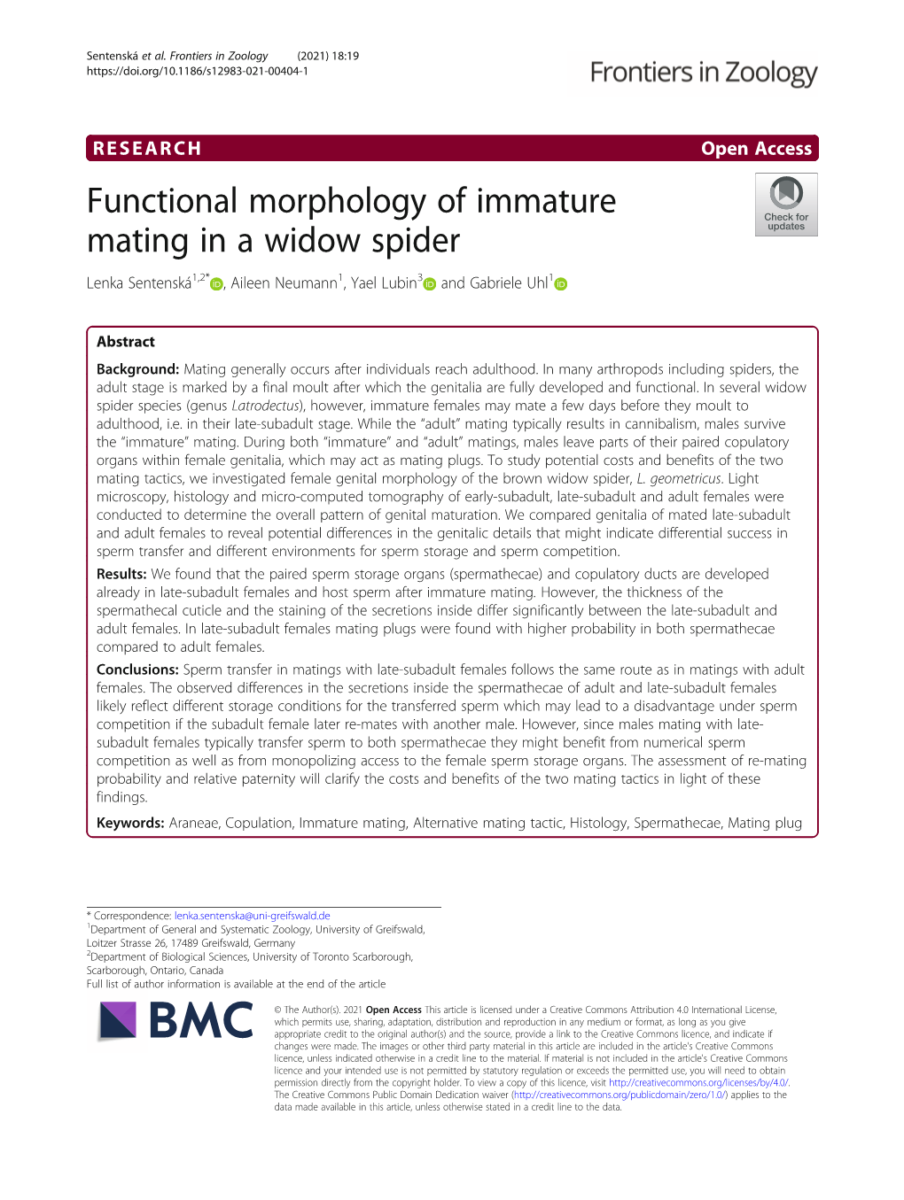 Functional Morphology of Immature Mating in a Widow Spider Lenka Sentenská1,2* , Aileen Neumann1, Yael Lubin3 and Gabriele Uhl1