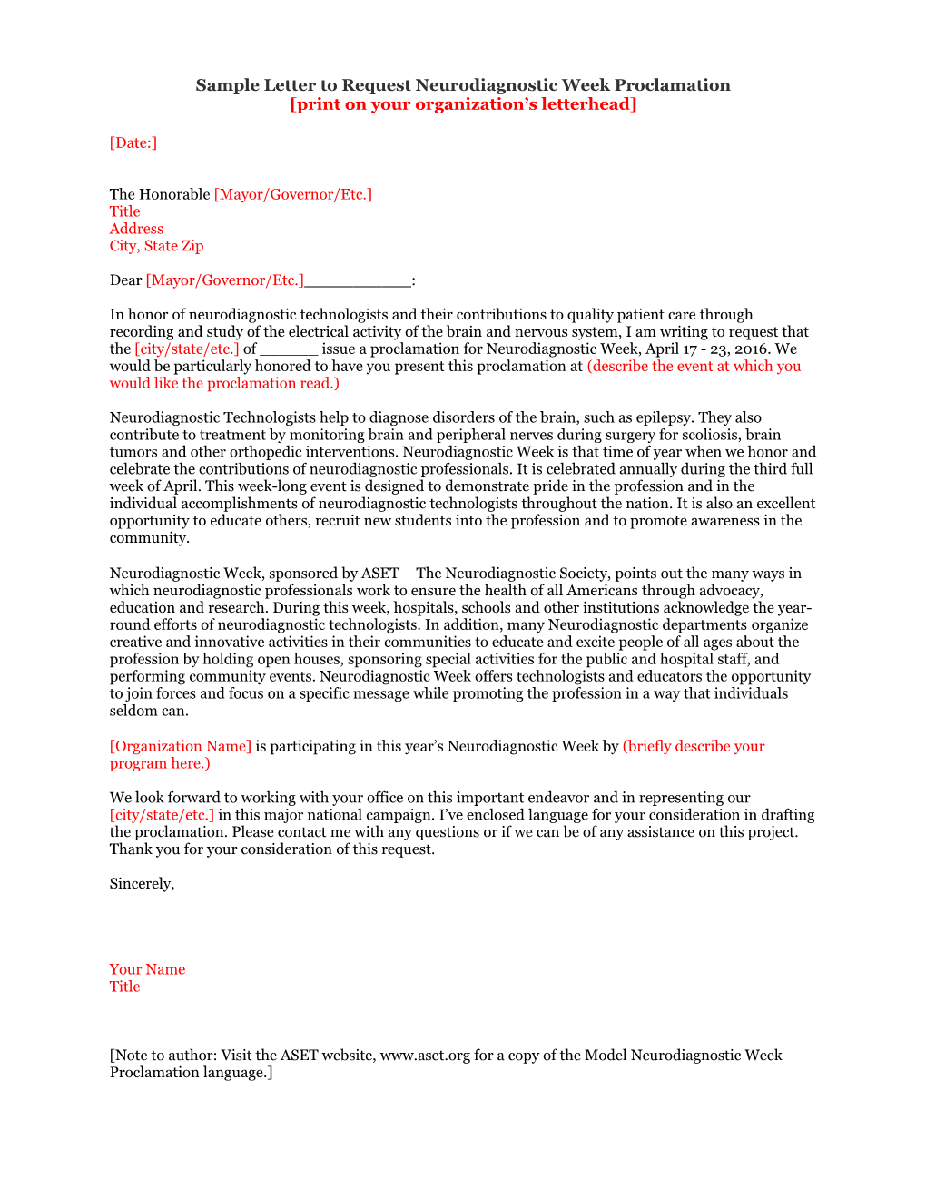 Sample Letter to Request Neurodiagnostic Week Proclamation