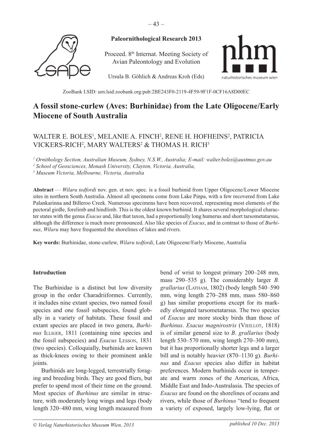 A Fossil Stone-Curlew (Aves: Burhinidae) from the Late Oligocene/Early Miocene of South Australia