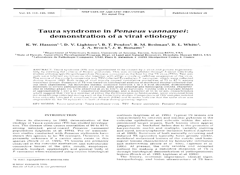 Taura Syndrome in Penaeus Vannamei: Demonstration of a Viral Etiology