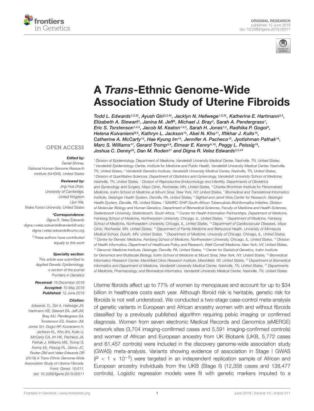 A Trans-Ethnic Genome-Wide Association Study of Uterine Fibroids