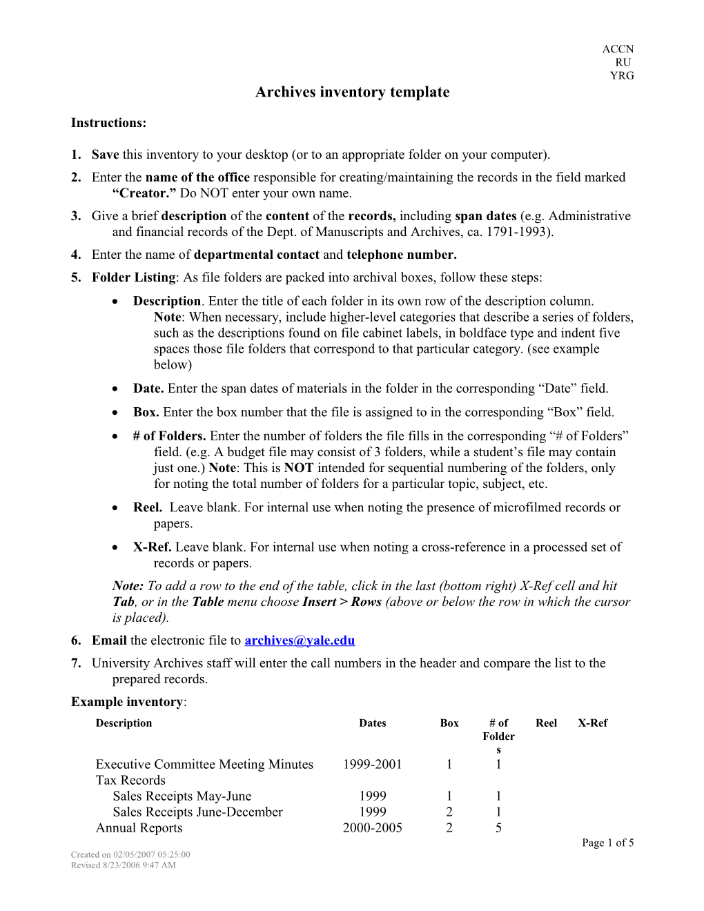 Archives Inventory Template