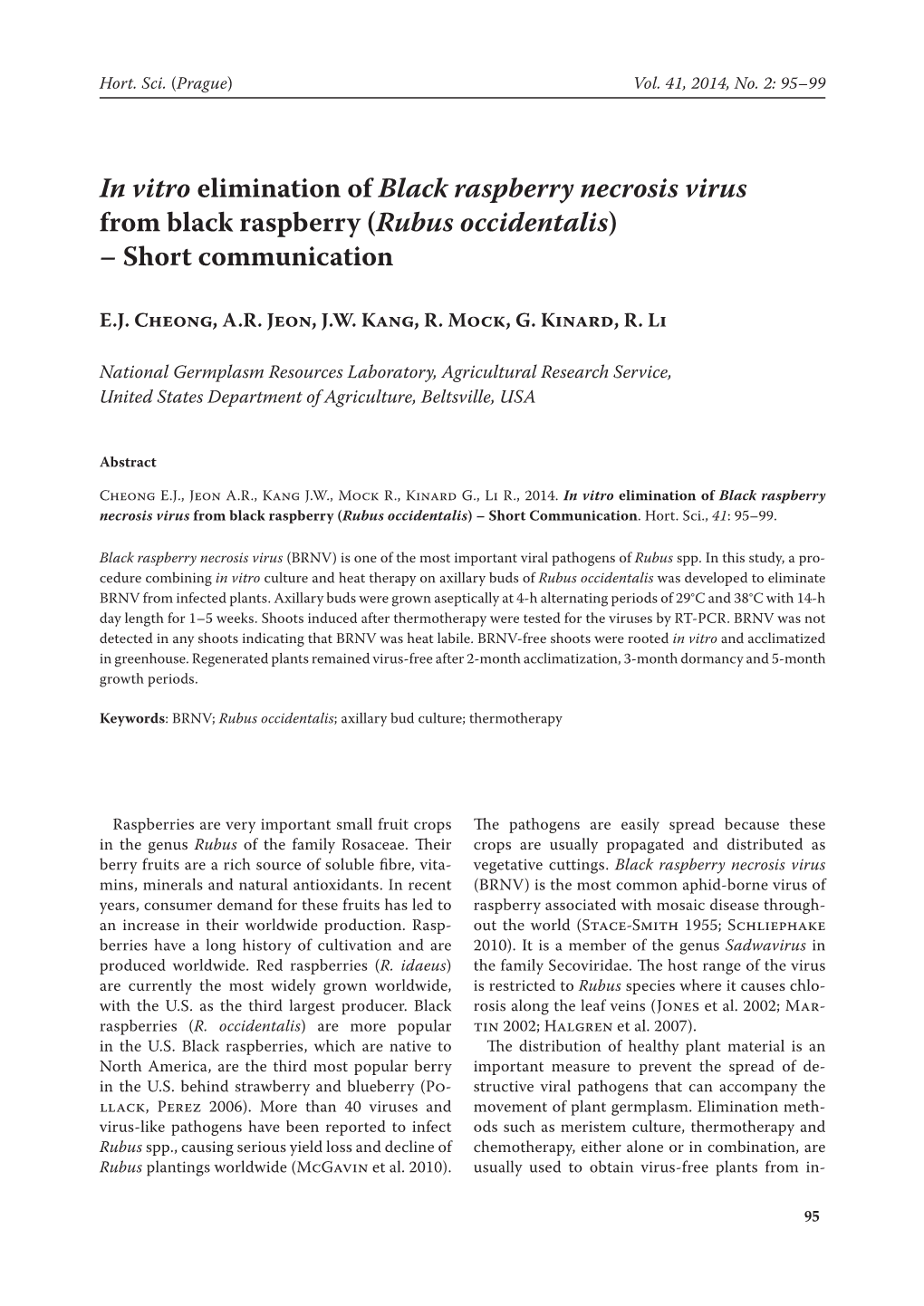 In Vitro Elimination of Black Raspberry Necrosis Virus from Black Raspberry (Rubus Occidentalis) – Short Communication