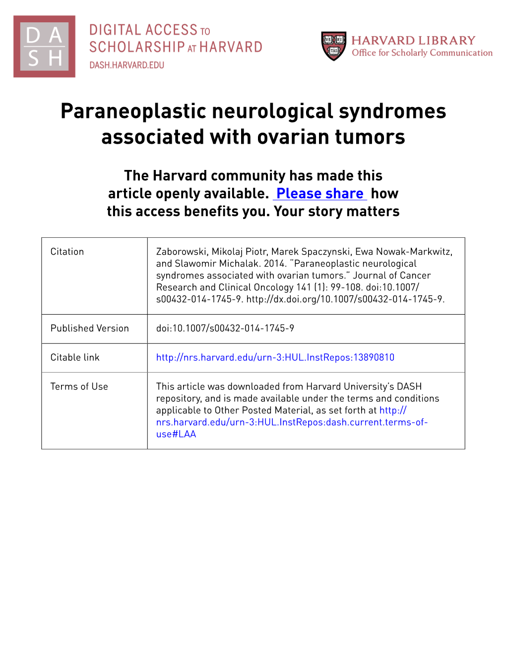 Paraneoplastic Neurological Syndromes Associated with Ovarian Tumors