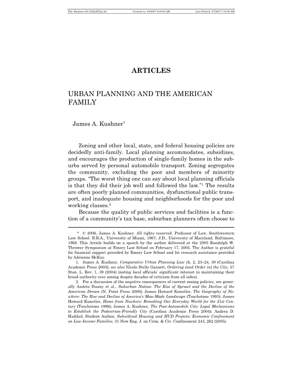 Articles Urban Planning and the American Family
