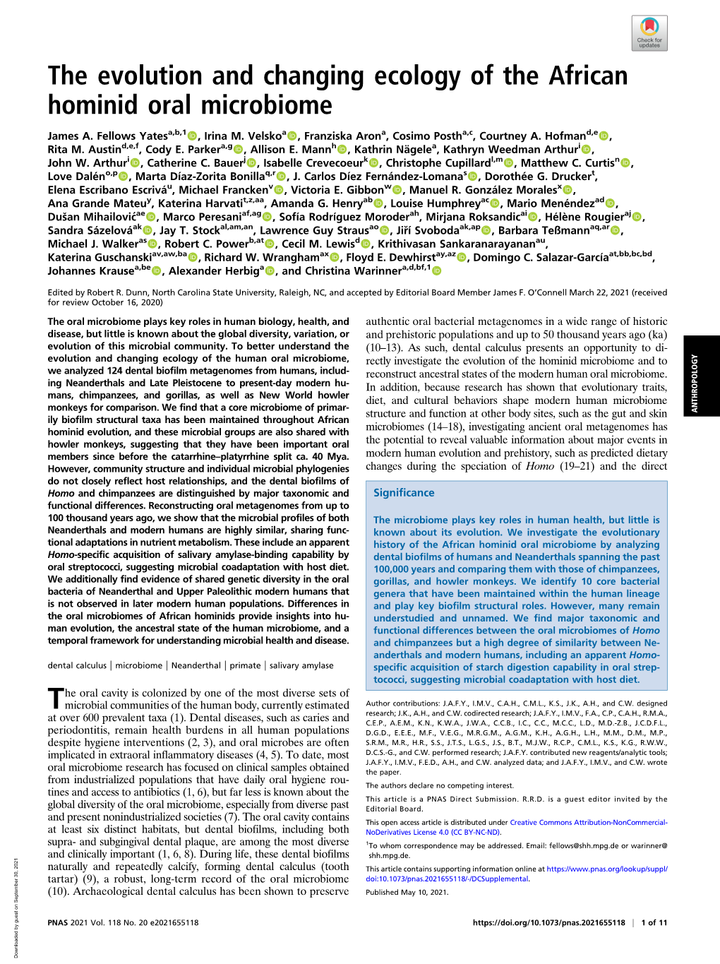 The Evolution and Changing Ecology of the African Hominid Oral Microbiome