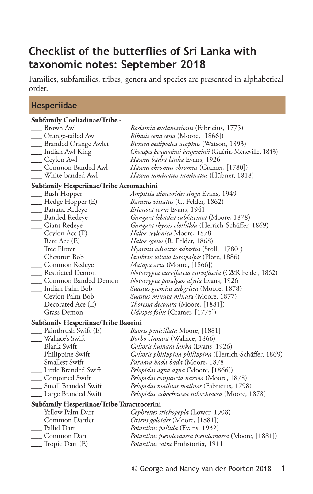 September 2018 Families, Subfamilies, Tribes, Genera and Species Are Presented in Alphabetical Order