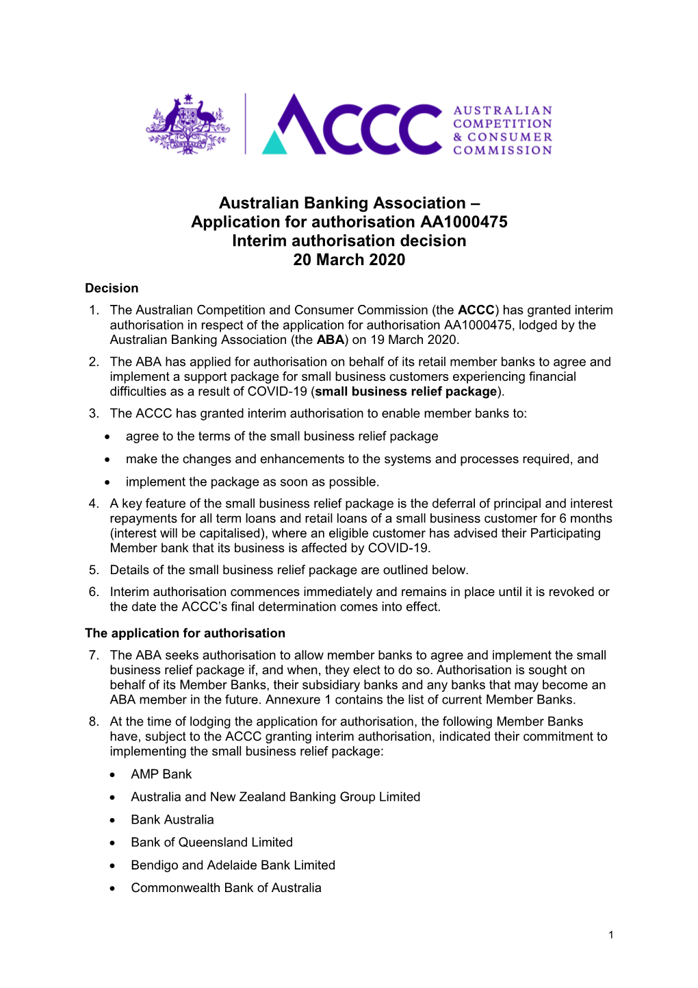 Australian Banking Association – Application for Authorisation AA1000475 Interim Authorisation Decision 20 March 2020