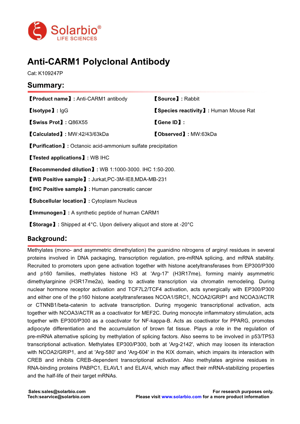 Anti-CARM1 Polyclonal Antibody Cat: K109247P Summary