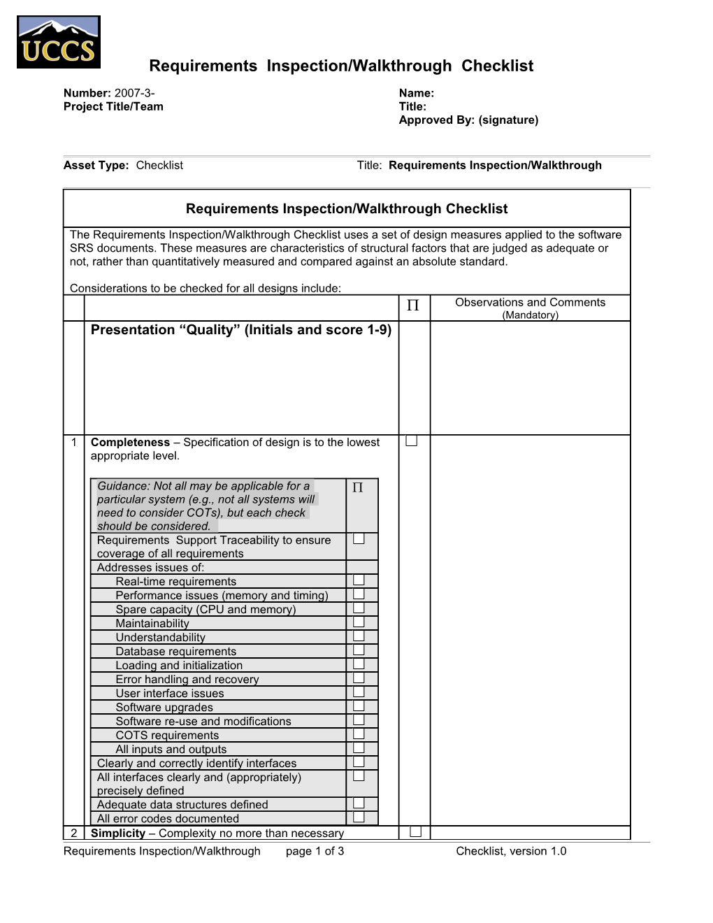 Design Inspection/Walkthrough Checklist