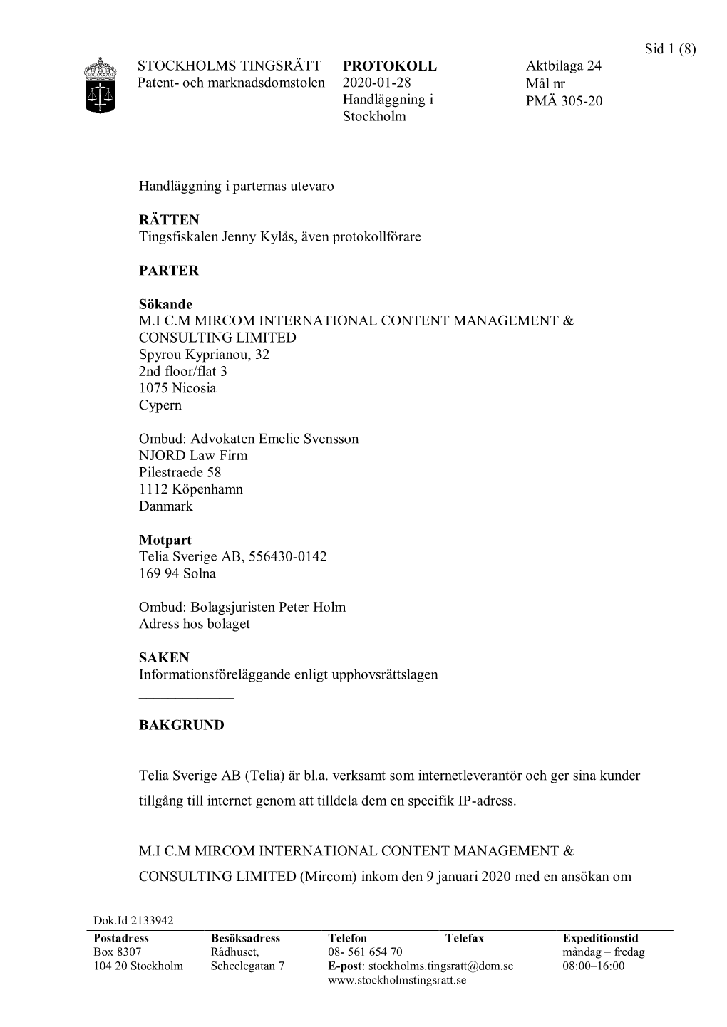 STOCKHOLMS TINGSRÄTT Patent