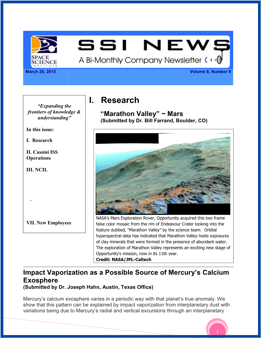 I. Research “Expanding the Frontiers of Knowledge & “Marathon Valley” ~ Mars Understanding” (Submitted by Dr