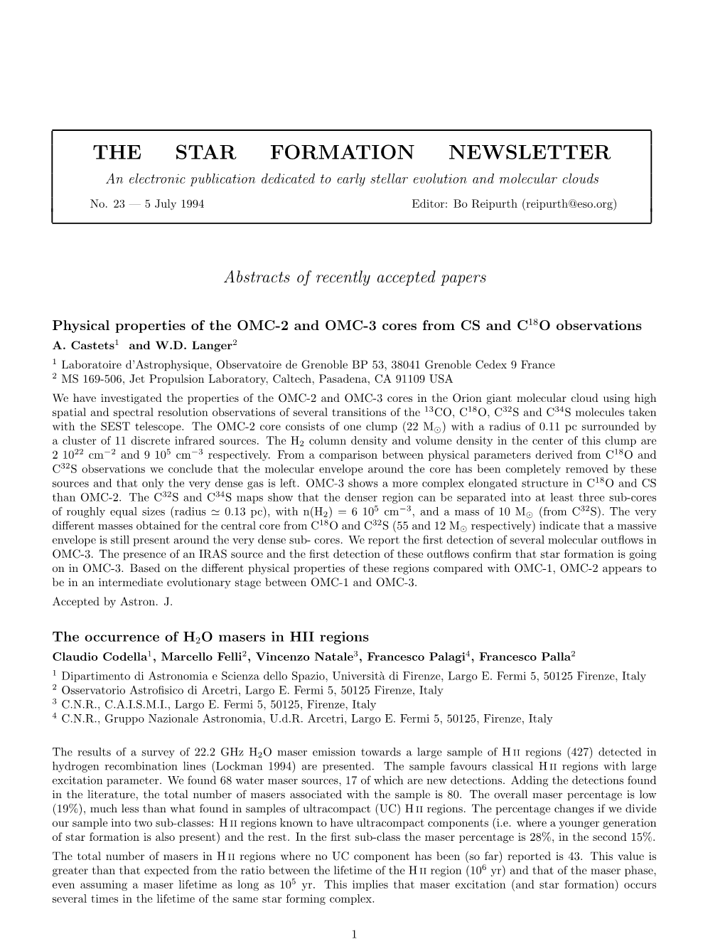 THE STAR FORMATION NEWSLETTER an Electronic Publication Dedicated to Early Stellar Evolution and Molecular Clouds