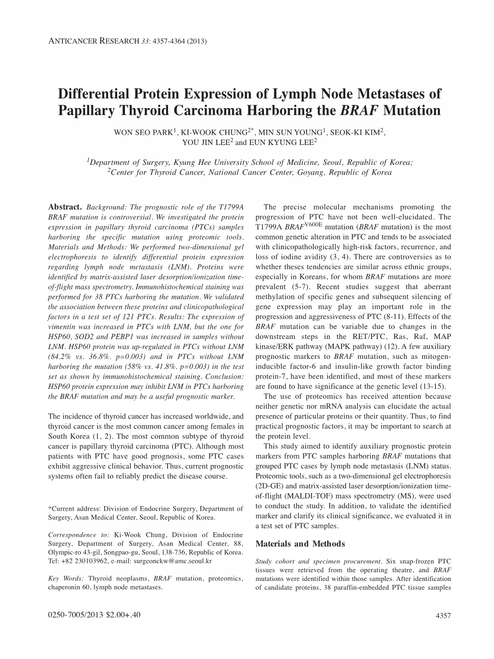 Differential Protein Expression of Lymph Node Metastases of Papillary Thyroid Carcinoma Harboring the BRAF Mutation