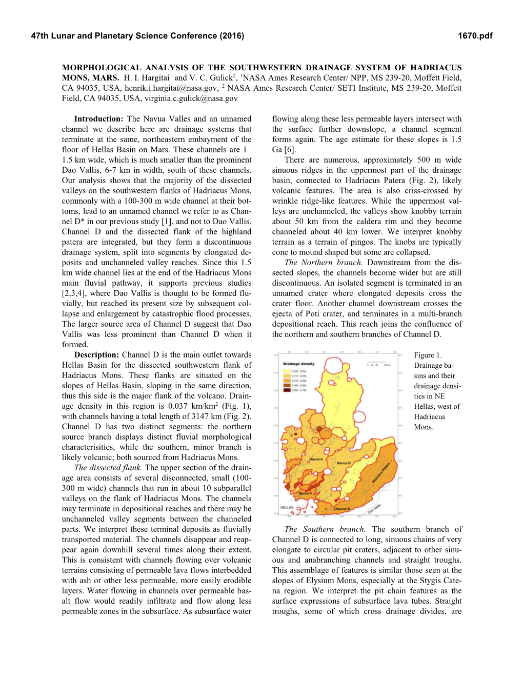 Morphological Analysis of the Southwestern Drainage System of Hadriacus Mons, Mars