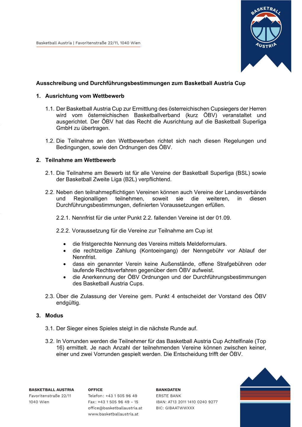 Ausschreibung Und Durchführungsbestimmungen Zum Basketball Austria Cup