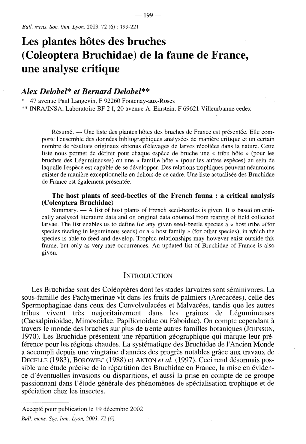 Les Plantes Hôtes Des Bruches (Coleoptera Bruchidae) De La Faune De France, Une Analyse Critique