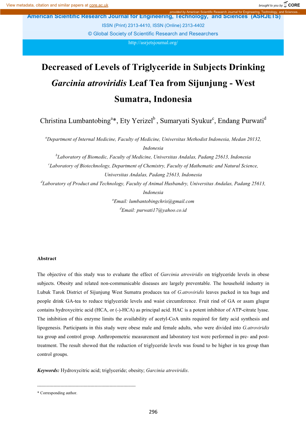 Decreased of Levels of Triglyceride in Subjects Drinking Garcinia Atroviridis Leaf Tea from Sijunjung - West Sumatra, Indonesia