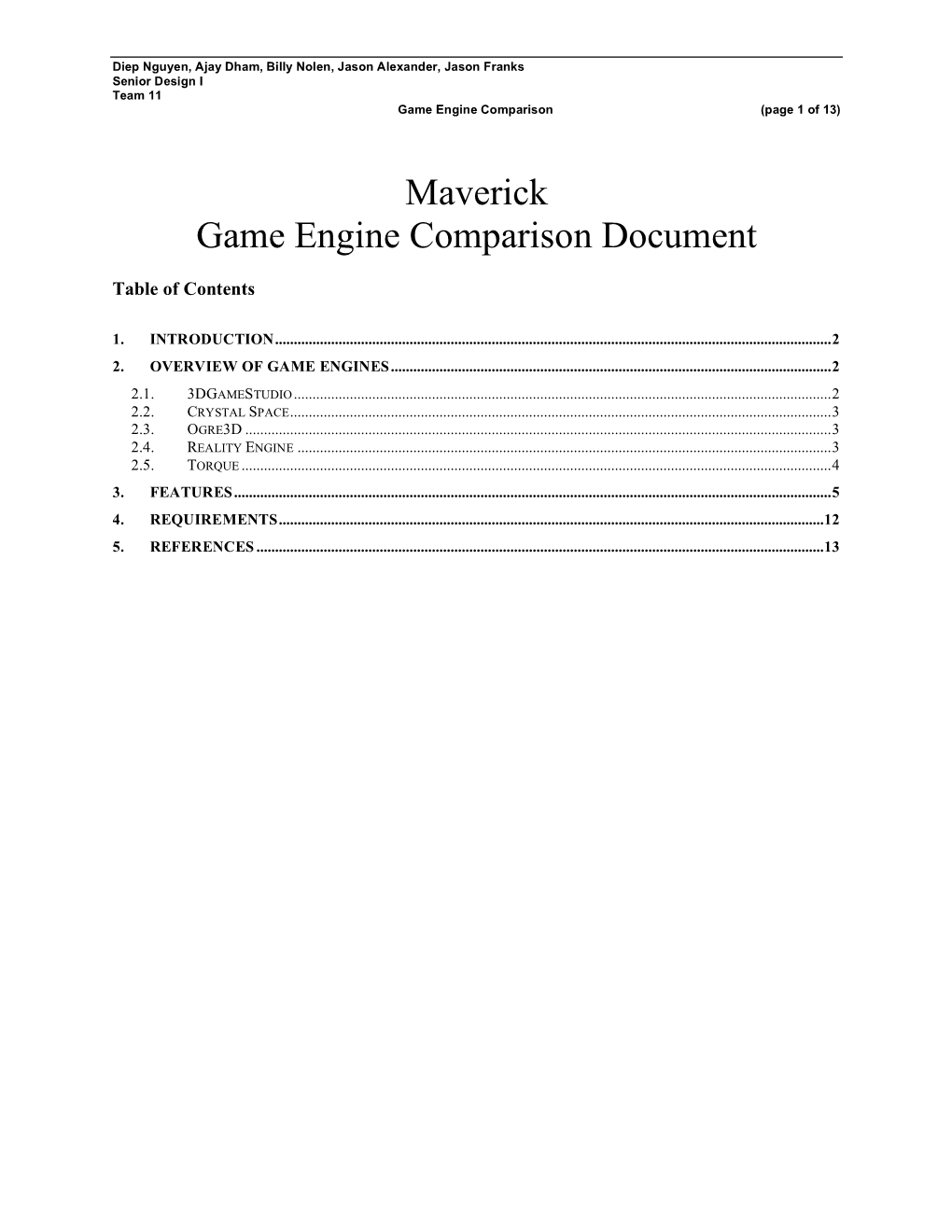 Maverick Game Engine Comparison Document