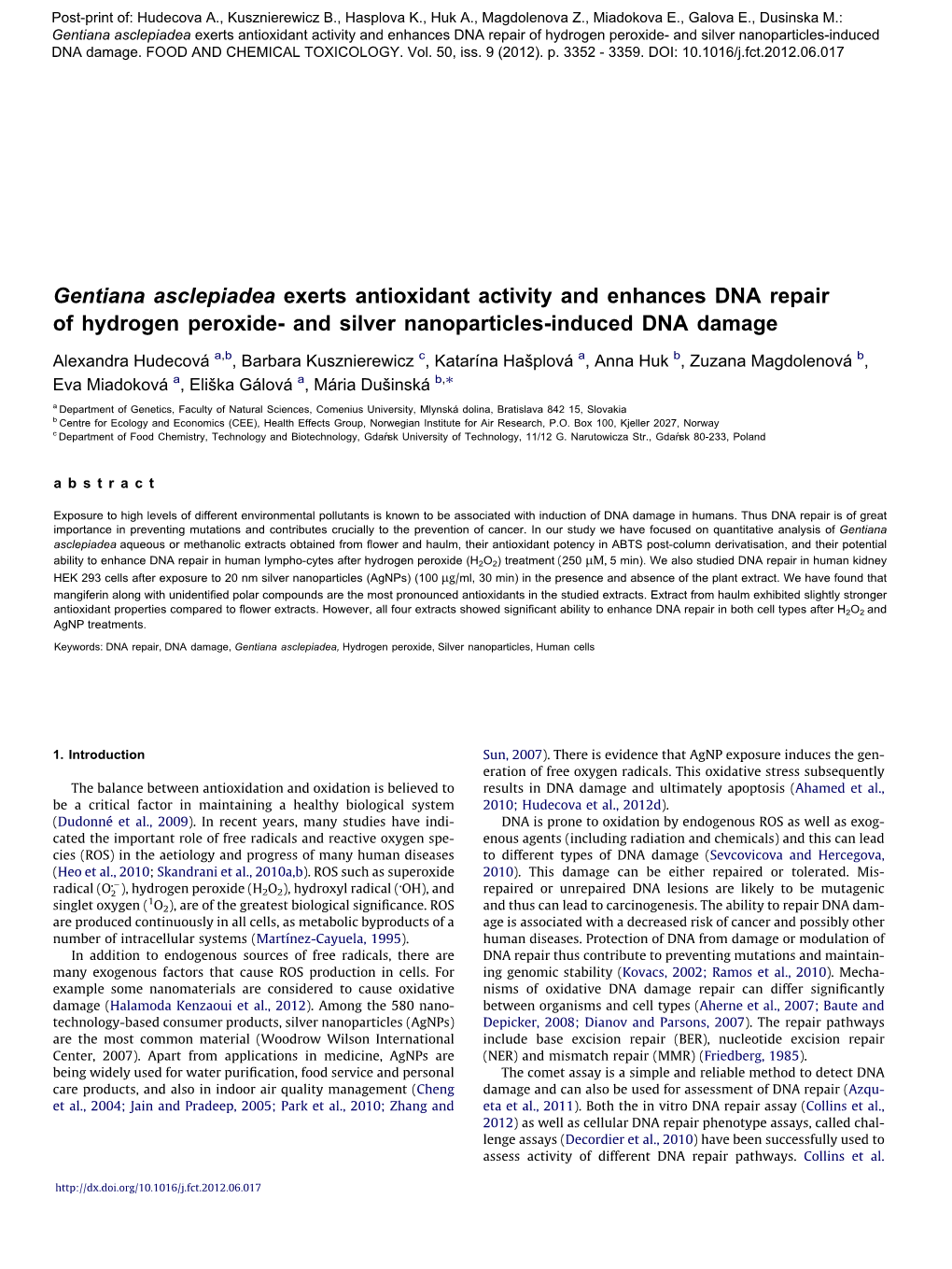 Gentiana Asclepiadea Exerts Antioxidant Activity and Enhances DNA Repair of Hydrogen Peroxide- and Silver Nanoparticles-Induced DNA Damage