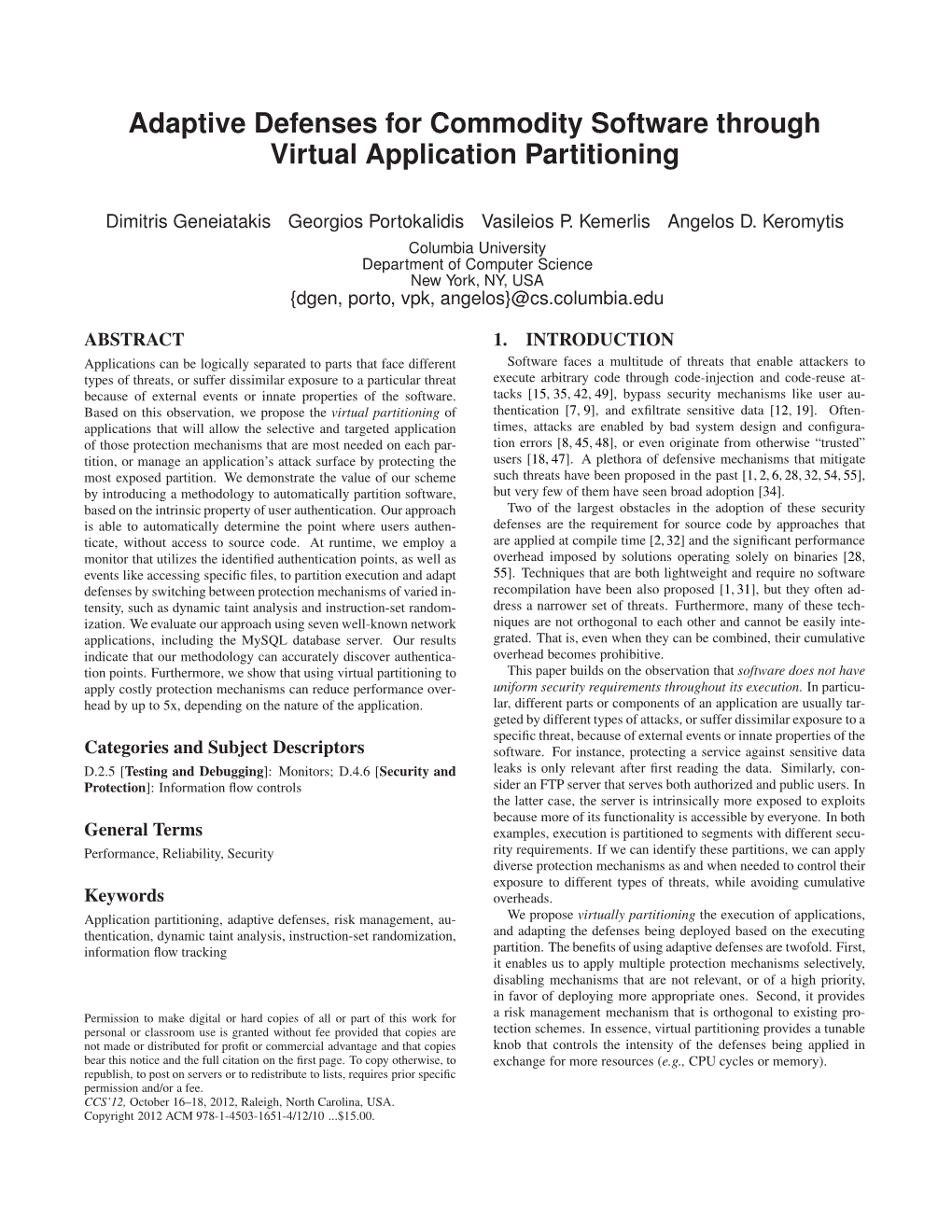 Adaptive Defenses for Commodity Software Through Virtual Application Partitioning