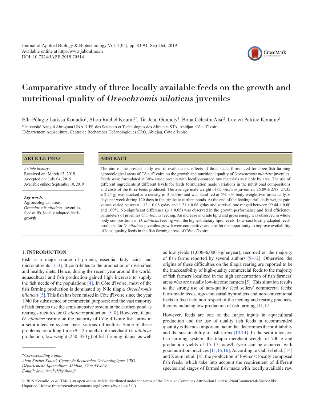 Comparative Study of Three Locally Available Feeds on the Growth and Nutritional Quality of Oreochromis Niloticus Juveniles