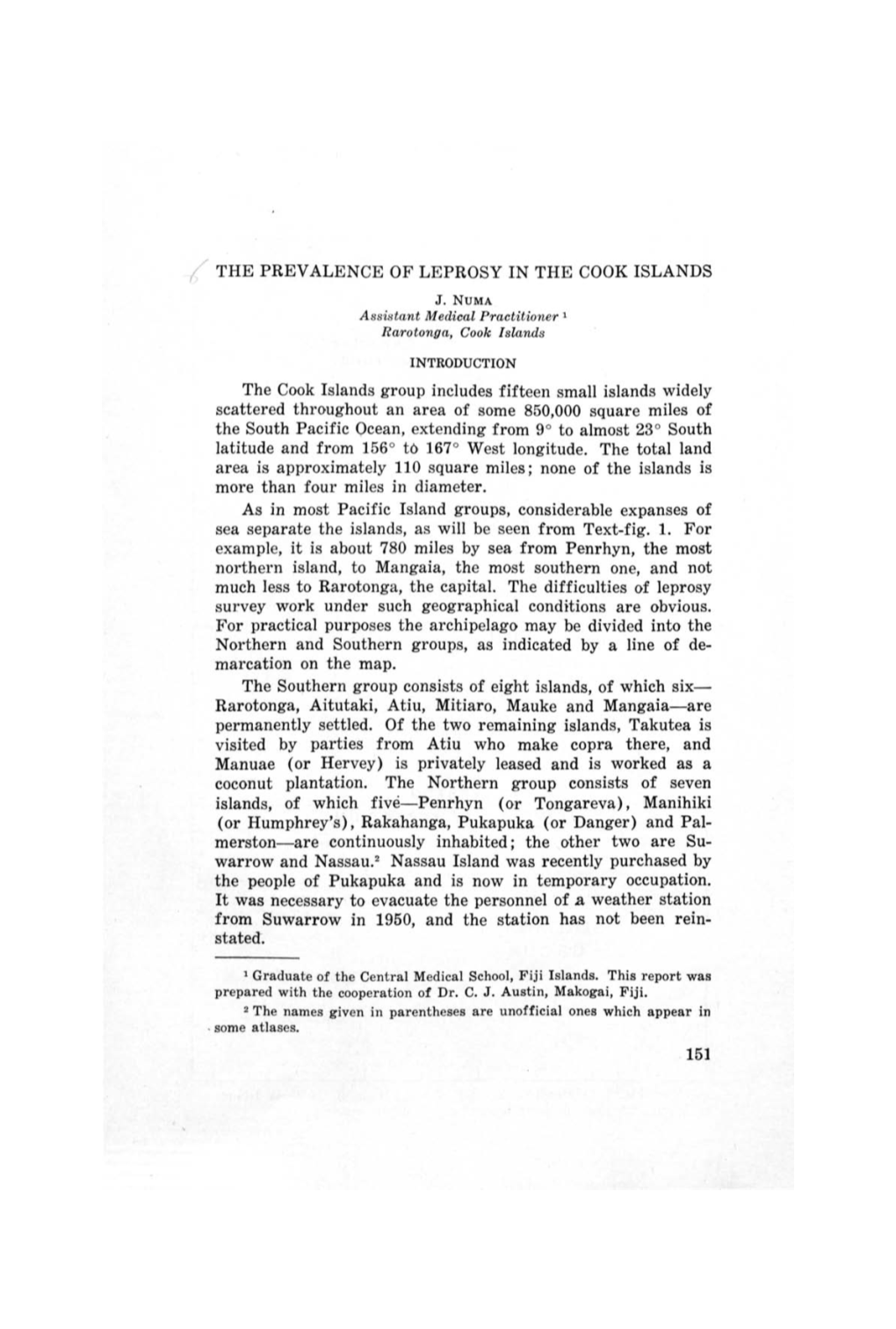 THE PREVALENCE of LEPROSY in the COOK ISLANDS the Cook