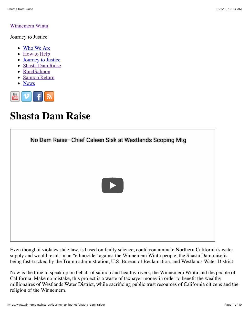 Winnemem Wintu. Shasta Dam Raise