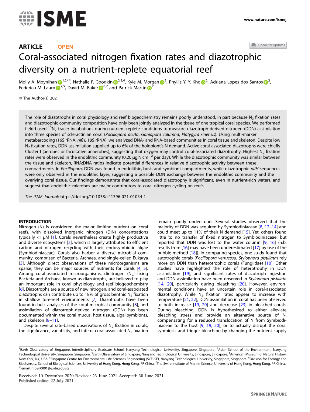 Coral-Associated Nitrogen Fixation Rates and Diazotrophic Diversity On