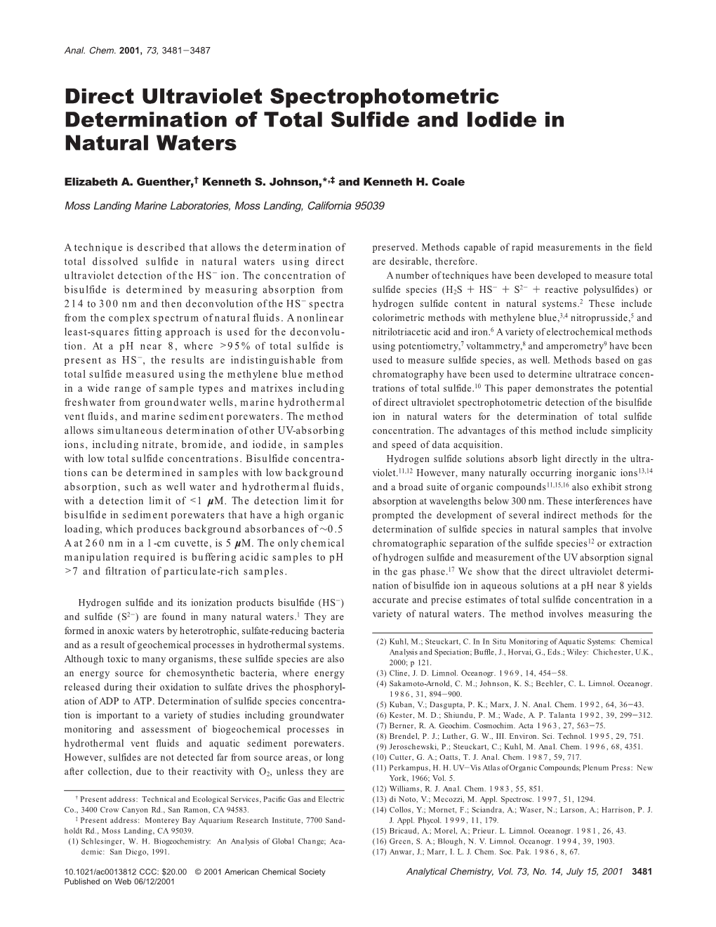 Direct Ultraviolet Spectrophotometric Determination of Total Sulfide and Iodide in Natural Waters
