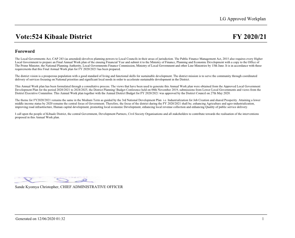 FY 2020/21 Vote:524 Kibaale District