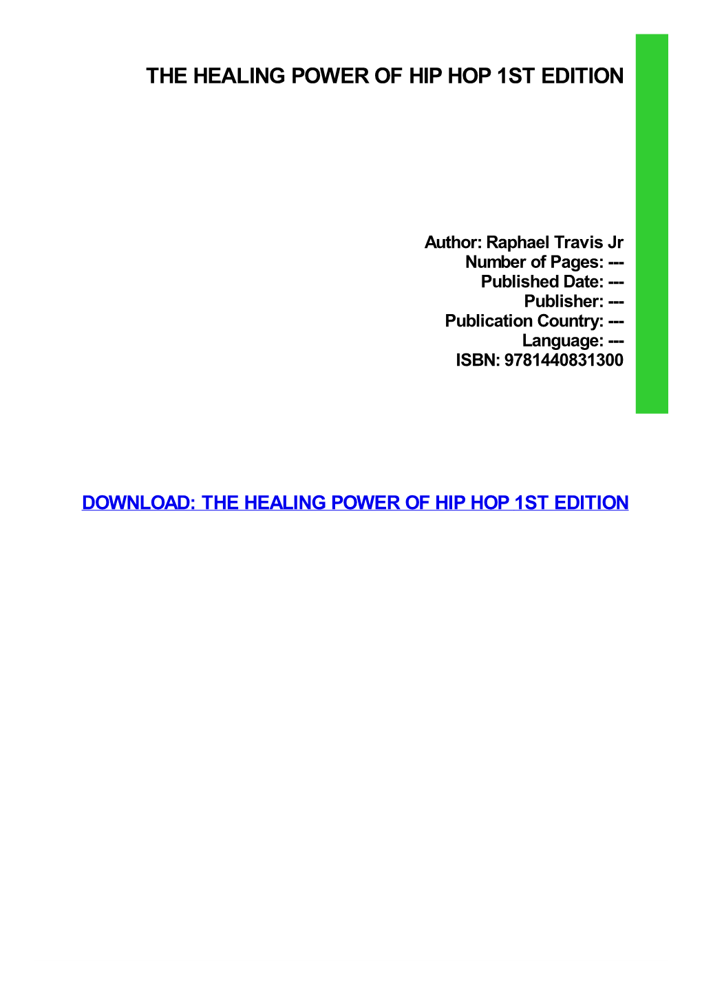 The Healing Power of Hip Hop 1St Edition Download Free