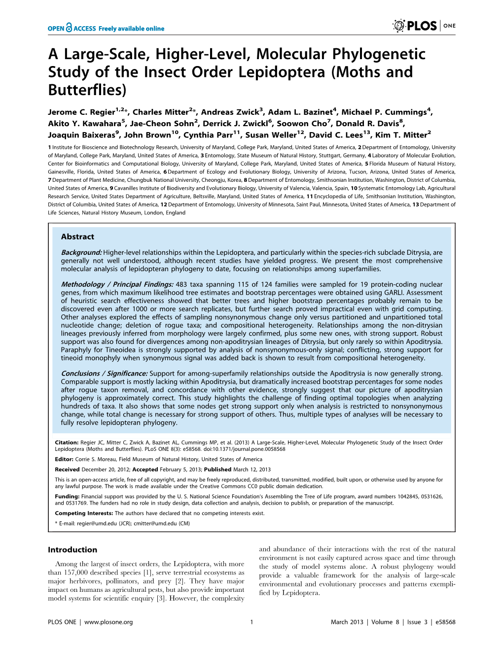 A Large-Scale, Higher-Level, Molecular Phylogenetic Study of the Insect Order Lepidoptera (Moths and Butterflies)