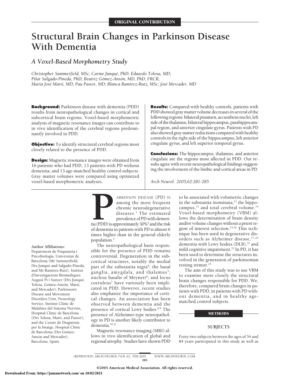 Structural Brain Changes in Parkinson Disease with Dementia a Voxel-Based Morphometry Study