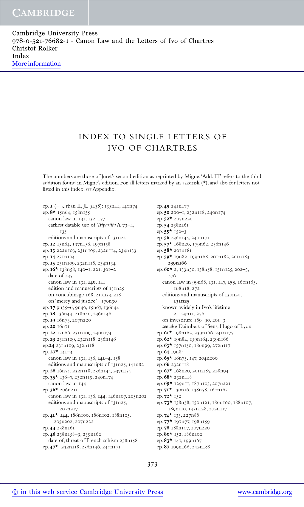 Index to Single Letters of Ivo of Chartres