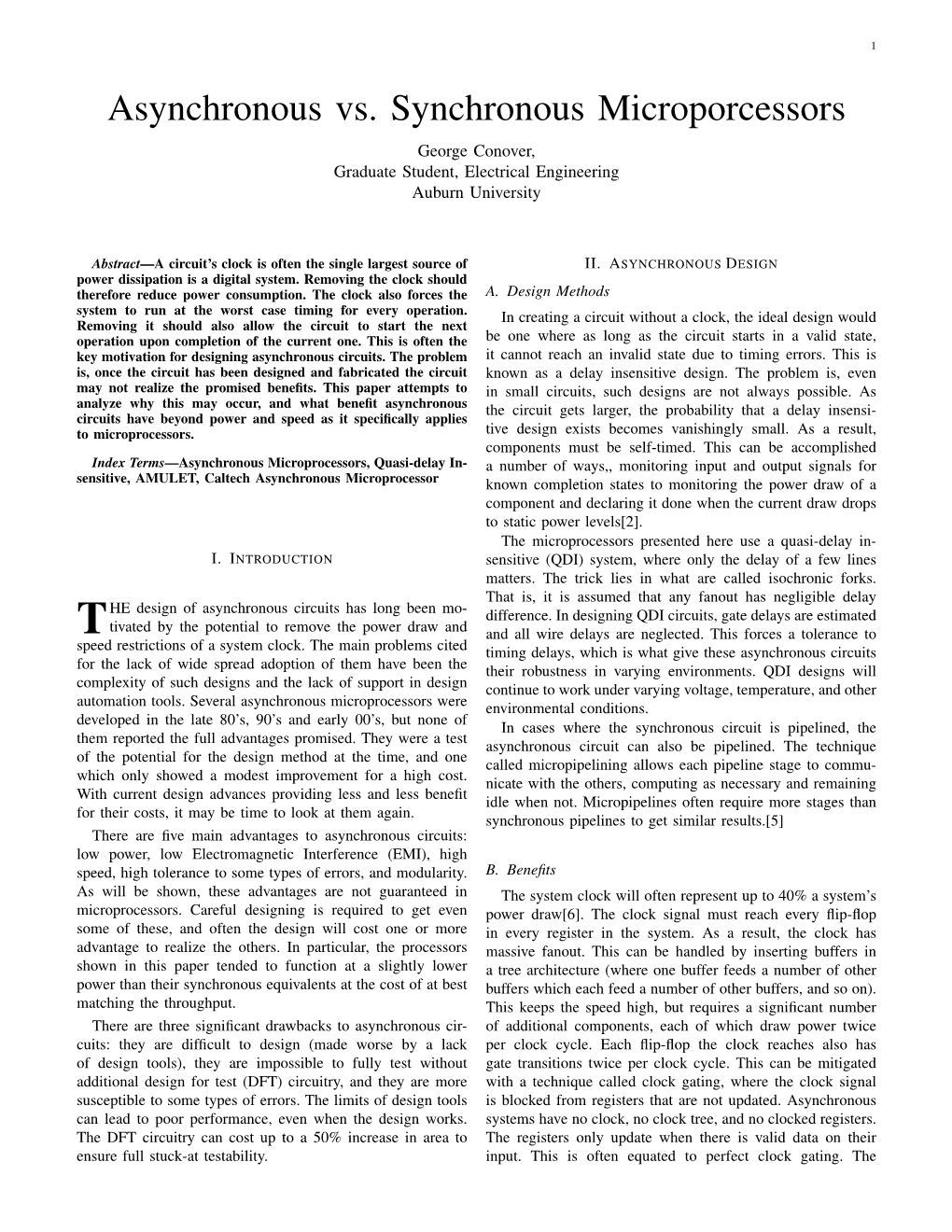 Asynchronous Vs. Synchronous Microporcessors George Conover, Graduate Student, Electrical Engineering Auburn University