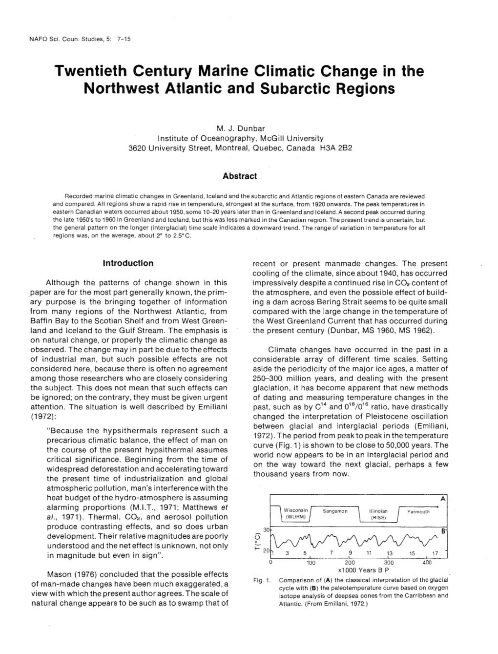 Twentieth Century Marine Climatic Change in the Northwest Atlantic and Subarctic Regions