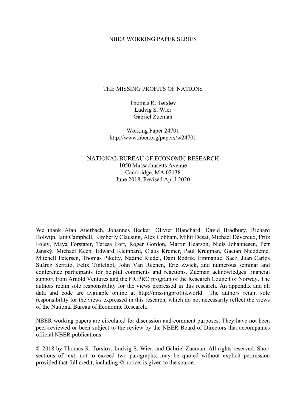 Nber Working Paper Series the Missing Profits Of
