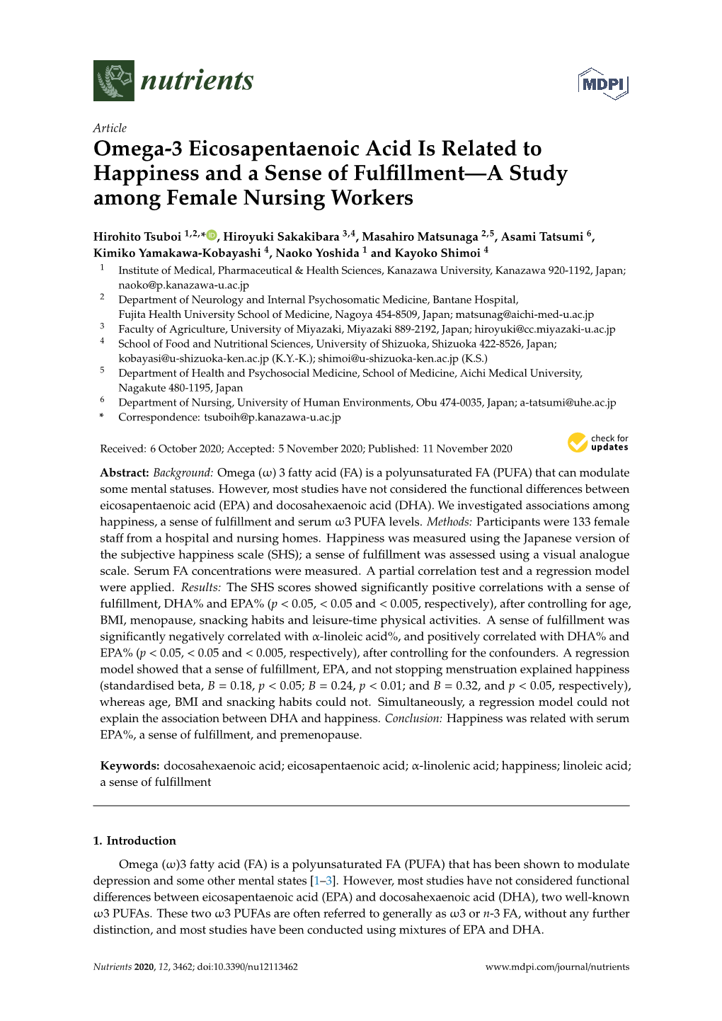 Omega-3 Eicosapentaenoic Acid Is Related to Happiness and a Sense of Fulfillment—A Study Among Female Nursing Workers