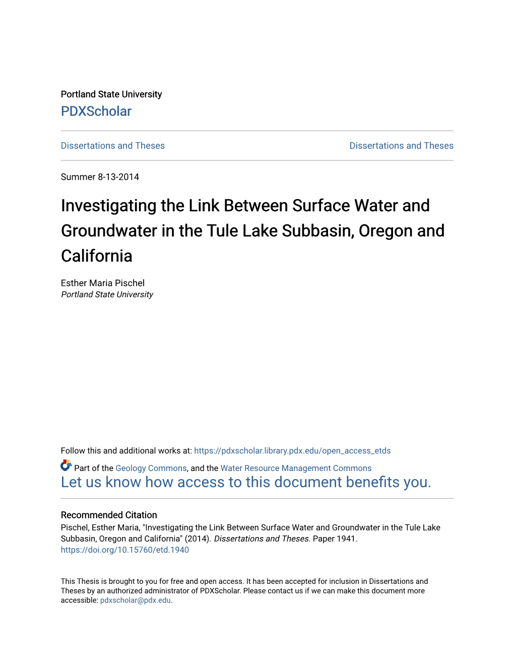 Investigating the Link Between Surface Water and Groundwater in the Tule Lake Subbasin, Oregon and California