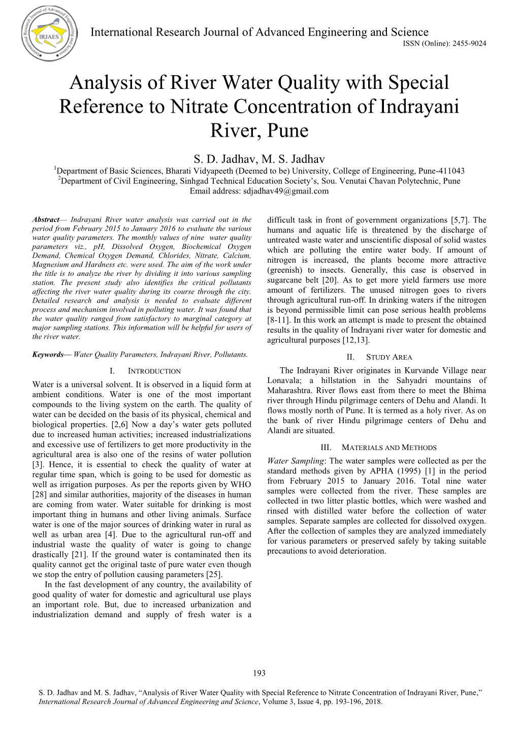 Analysis of River Water Quality with Special Reference to Nitrate Concentration of Indrayani River, Pune
