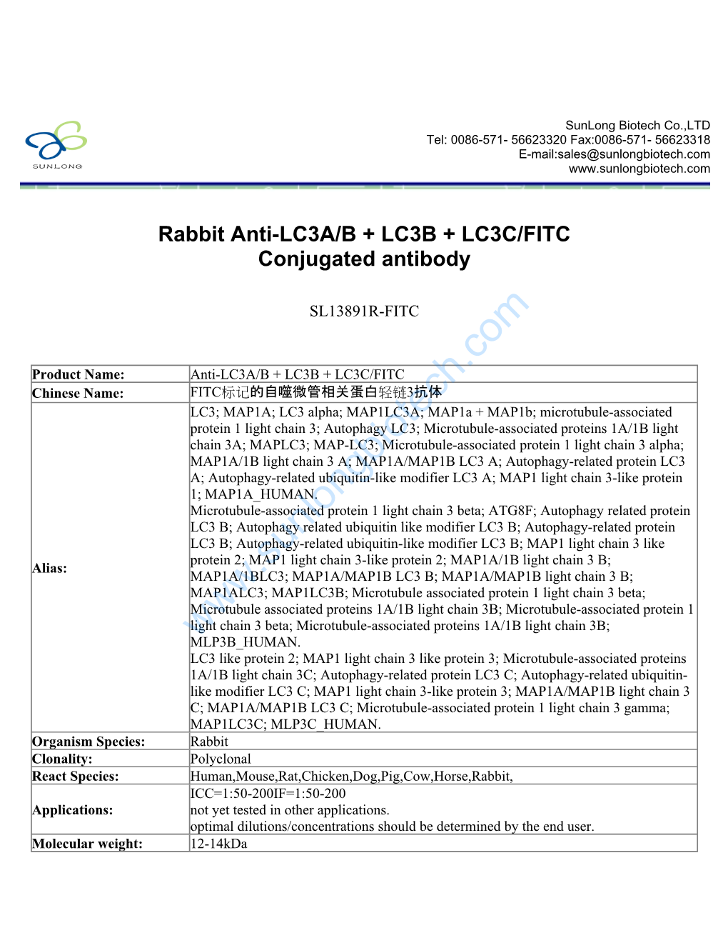Rabbit Anti-LC3A/B + LC3B + LC3C/FITC Conjugated Antibody