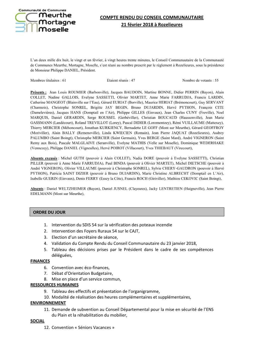 COMPTE RENDU DU CONSEIL COMMUNAUTAIRE 21 Février 2018 À Rozelieures