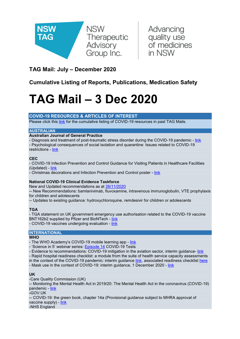 TAG Mail: July – December 2020