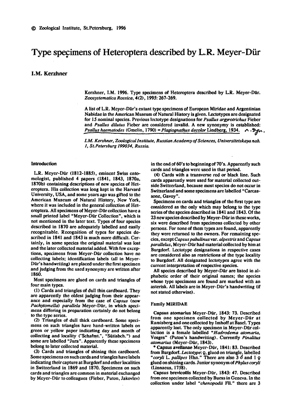 Type Spemimens of Heteroptera Described by LR. Meyer-Diir