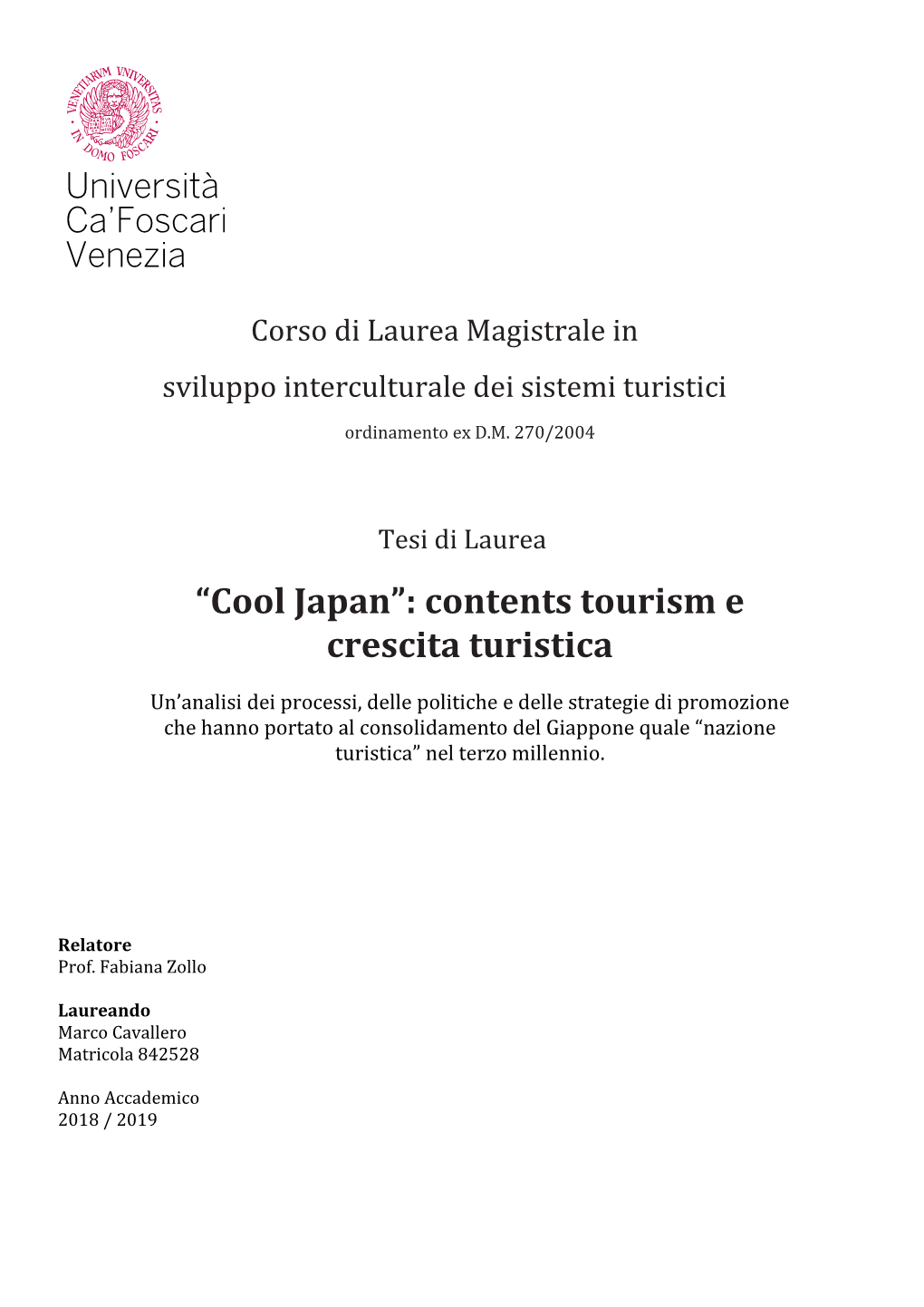 “Cool Japan”: Contents Tourism E Crescita Turistica