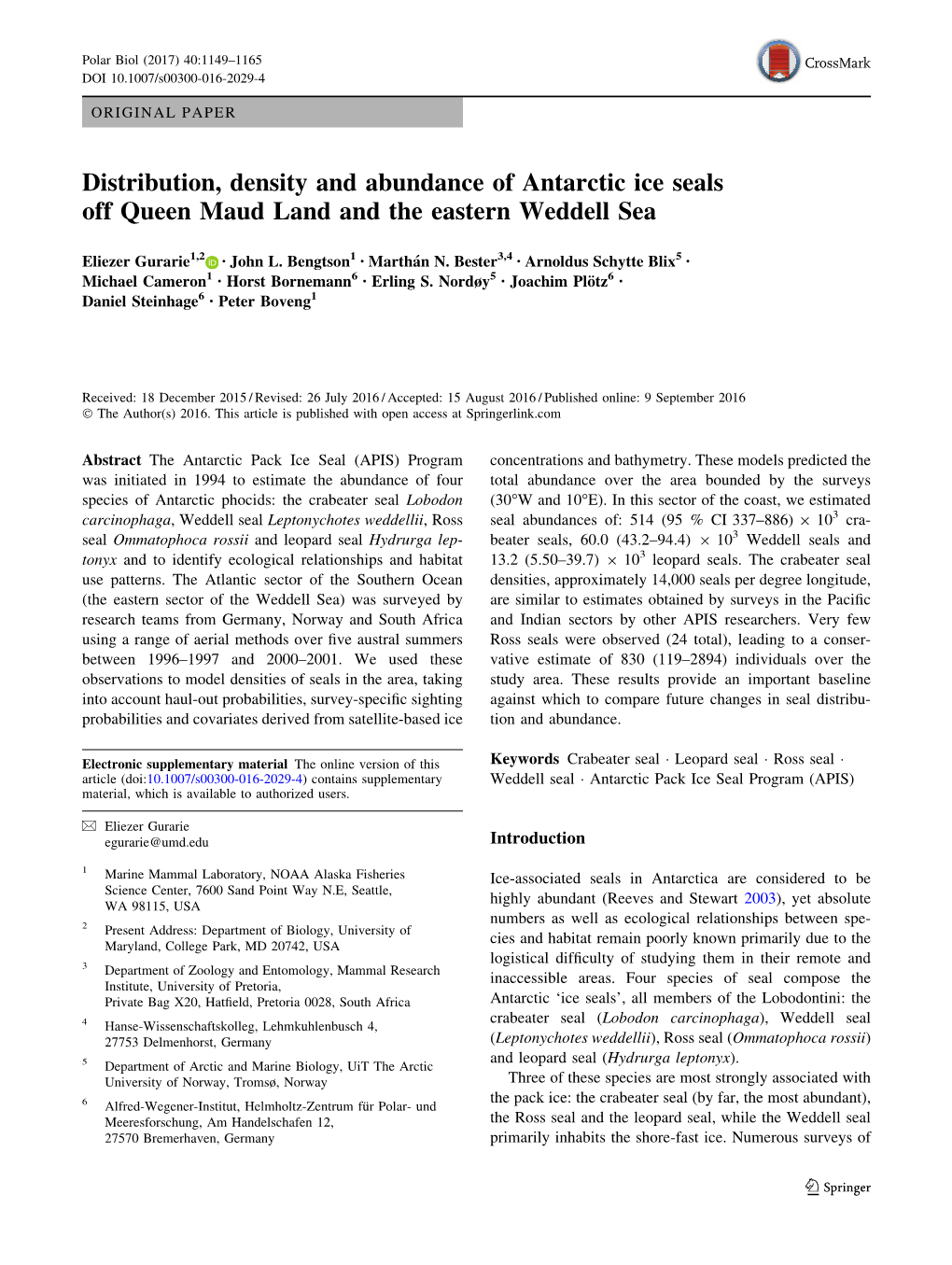 Distribution, Density and Abundance of Antarctic Ice Seals Off Queen Maud Land and the Eastern Weddell Sea