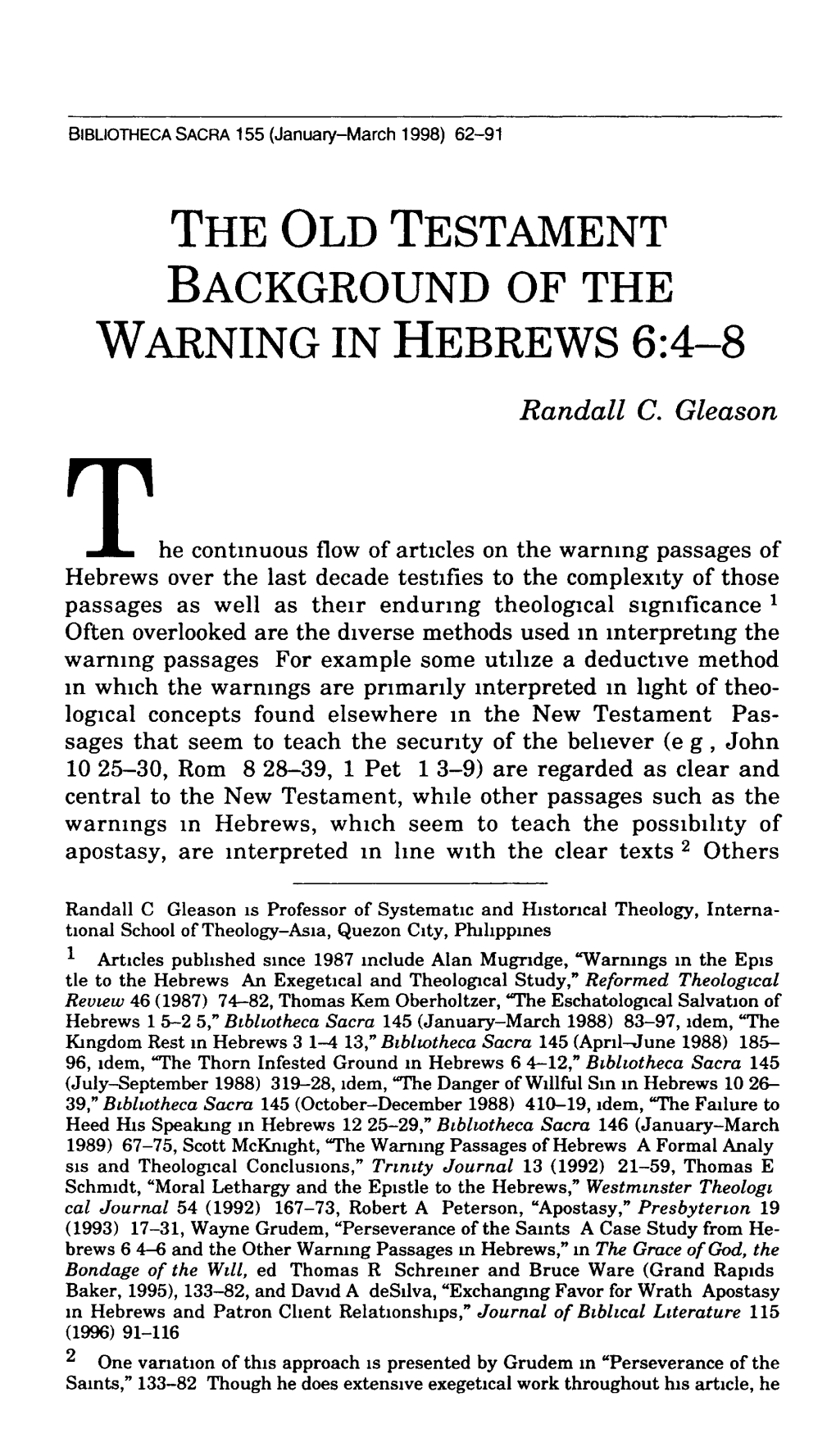 THE OLD TESTAMENT BACKGROUND of the WARNING in HEBREWS 6:4-8 Τ Randall C